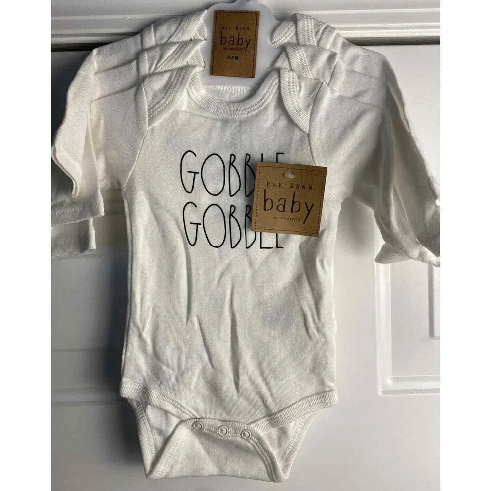 Rae Dunn Baby Clothes‎ 0-3 Months 3 Pack Bodysuits Gobble, Thankful, Blessed